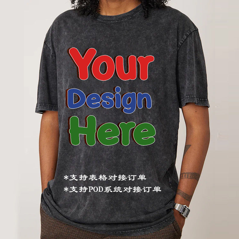 Customized Distressed Snow Wash American-Style Streetwear Tee